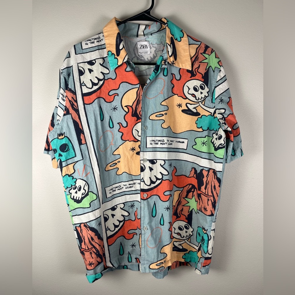 Zara Button Up Shirt Mens Size Medium Comic Book Cartoon All Over Print Cotton